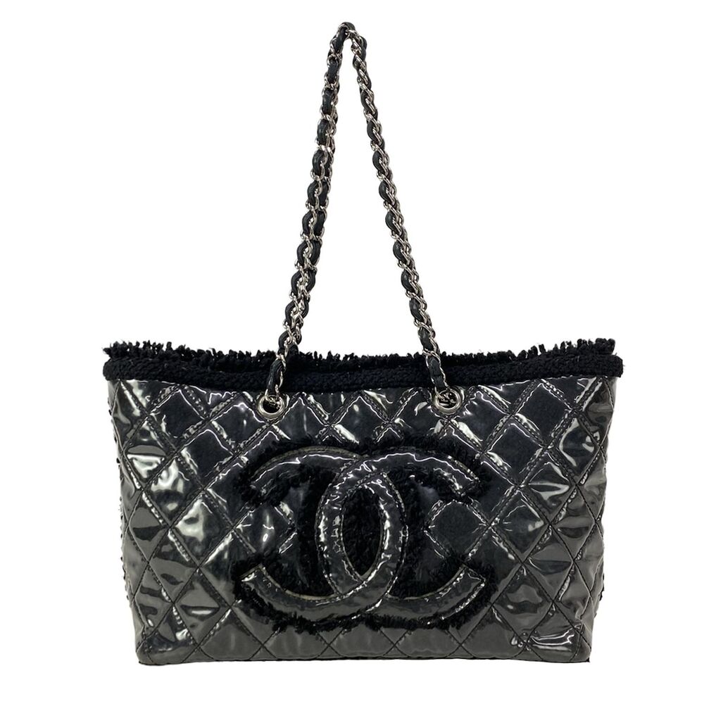 Chanel Patent Toilette Chain Tote Tote Bag Black Clear Vinyl Funny Tweed - Picture 1 of 15